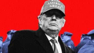 A black and white photo of Trump with blue tinted photos of people behind him all on a red background | Illustration: Lex Villena; Rorem, Defense Visual Information Distribution Service