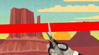A hand holding scissors cuts red tape over Utah's Monument Valley | Illustration: Lex Villena; Rogerothornhill