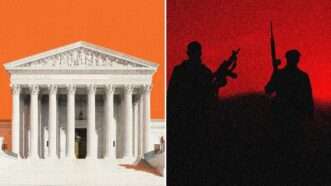 Supreme Court building and terrorists shown in profile | Illustration: Lex Villena; Catalin, Adam Parent