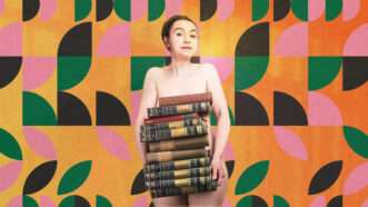 Victoria Bateman posing nude with books | Illustration: Lex Villena; Mariia Dolhova 