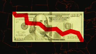 A 0 bill in front of a map of the U.S., with a declining line graph superimposed on top.