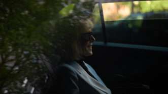 American author E Jean Carroll inside car in front of Manhattan Federal Court after closing arguments of rape-defamation case against Donald Trump on May 8, 2023