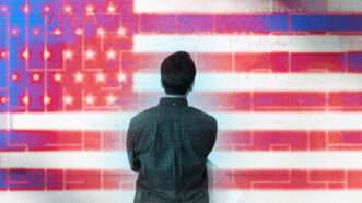 A man stands in front of an American flag and a maze | Illustration: Lex Villena; Christina Morillo