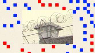 Barbed wire at a prison is seen surrounded by red and blue squares | Illustration: Lex Villena; Danee79