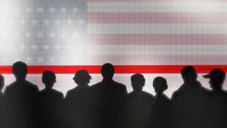 Silhouettes of people featured in front of the American flag and a red line