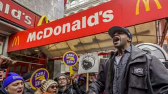 McDonald's workers during union protest over fast food fight for  wage in California