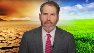 John Stossel is seen in front of two outdoor landscapes