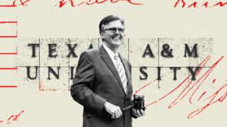 Texas A&M logo with a picture of Lt. Gov Dan Patrick in front of it and red academic markings across the image | Illustration: Lex Villena; Redwhiteandboujee