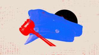 A red gavel is seen in front of a police officer's hat | Illustration: Lex Villena; Matthew Benoit 
