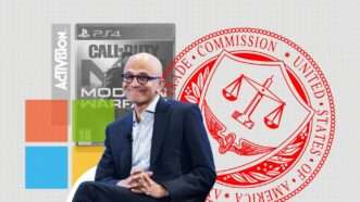 A light gray background with the Microsoft logo, a picture of Microsoft CEO and Chair Satya Nadella, the FTC logo, and the logo for Call of Duty | Illustration: Lex Villena; CHINE NOUVELLE/SIPA/Newscom