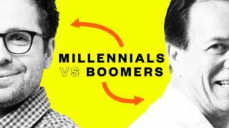 A yellow background with two black and white headshots of men with the words "Millennials vs. Boomers" in the middle with red arrows pointing to both men | Illustration: Lex Villena; Koldunova Anna; Monkey Business