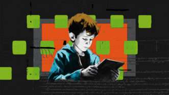 A digitalized depiction of a child looking at a tablet against a black and orange and green background with the beginning words of the U.S. Constitution | Illustration: Lex Villena; Midjourney
