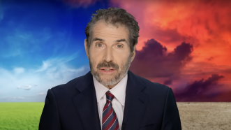 John Stossel is seen in front of blue and red skies | Stossel TV