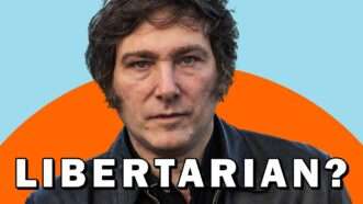 Argentina's Javier Milei on a blue and orange background with the word Libertarian? | Illustration: Lex Villena