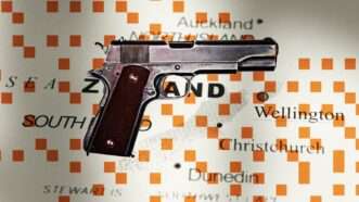 A handgun against the backdrop of a map of New Zealand, with data plots. | Illustration: Lex Villena; Ultraone