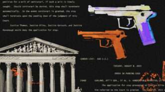 Supreme Court building in one corner with text from legal documents and tinted guns | Illustration: Lex Villena; Midjourney