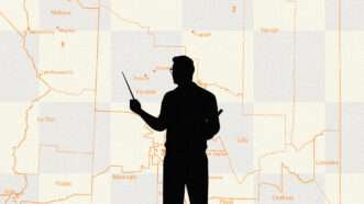 A silhouette of a college professor in front of a map of Arizona. | Illustration: Lex Villena;Chetsadakorn Nakhammoon