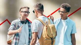 Tan background with red arrows across it and a cluster of three teenage boys in the foreground | Illustration: Lex Villena; Photo 128985126 © Lightfieldstudiosprod | Dreamstime.com