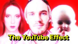 A red background image with blurry headshots of a woman, a man, and a baby on top of it with the words The YouTube Effect in yellow | Illustration: Lex Villena; Contrapoints; PewdiePie; Charlie Bit My Finger