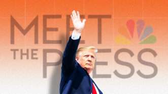 Donald Trump waving in front of a superimposed logo of Meet the Press. | Lex Villena