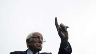 Vermont Senator Bernie Sanders saving his finger in the air | Pool/ABACA/Newscom