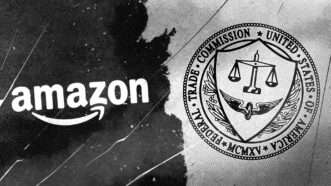 A side-by-side of the Amazon logo and the U.S. Federal Trade Commission seal, in black and white. | Illustration: Lex Villena
