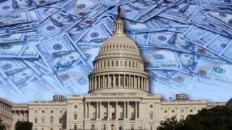 An illustration of the U.S. Capitol with money covering the sky behind it | U.S. government spending is projected to consume nearly 30 percent of the economy by 2053—almost 40 percent more than the historical average