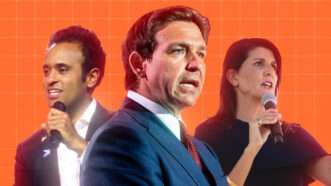 GOP candidates Ron DeSantis, Vivek Ramaswamy, and Nikki Haley on an orange background | Illustration: Lex Villena