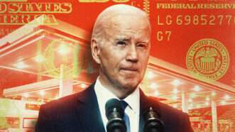 President Joe Biden against the backdrop of a dollar bill in red. | Illustration: Lex Villena; Yuri Gripas UPI Newscom