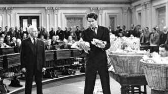 A black and white photo of James Stewart in a scene from Mr. Smith Goes to Washington | Wikipedia Commons