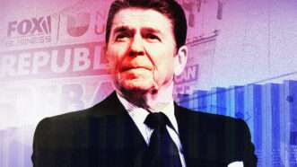 Ronald Reagan pictured against Republican debate imagery | Illustration: Lex Villena; Brian Cahn/ZUMAPRESS/Newscom