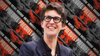 Rachel Maddow with the cover of her book "Prequel" in the background | Illustration: Lex Villena