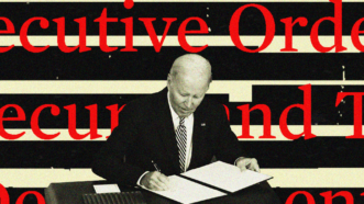 President Biden signs AI executive order. | Illustration: Lex Villena; CHINE NOUVELLE/SIPA/Newscom