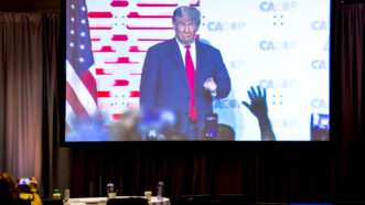 A screening of Trump speaking at a convention | Brian Cahn/ZUMAPRESS/Newscom