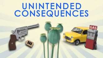 Unintended Consequences with images of a gun with a price tag, poppies, and a small yellow car next to a gas pump | Reason TV