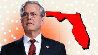 Jeb Bush next to a red outline of Florida against an orange and white patterned background | ff