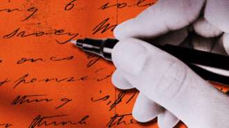 A hand with a pen writes in cursive on an orange page. | lllustration: Lex Villena, GCapture