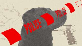 Dog with a gun and police tape. | Illustration: Lex Villena; Brentdavis