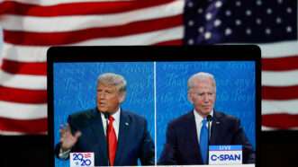 An American flag behind a screen with Donald Trump on the left and Joe Biden on the right |  Liu Jie / Xinhua News Agency/Newscom