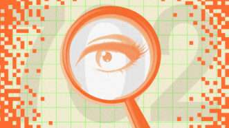 An orange outline of an eye looks through an orange magnifying glass against a background with orange boxes, a grid, and the numbers 702 | (Illustration: Lex Villena