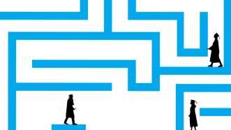 An illustration showing college graduates navigating a maze | Illustration: Joanna Andreasson