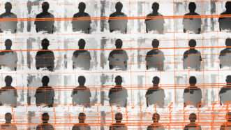 Rows of AI-generated mug shots | Illustration: Lex Villena; Midjourney