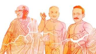 An illustration of Milton Friedman, Ludwig von Mises, and Friedrich Hayek | Illustration: Milton Friedman, Ludwig von Mises, and Friedrich Hayek; Joanna Andreasson. Source images: Graphic Goods/Creative Market, Mosi/Fiverr