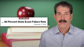 John Stossel is seen next to a headline about the New York state exam failure rate | Stossel TV