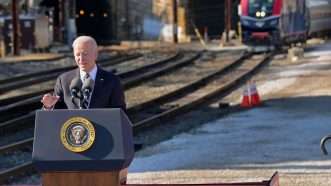 President Joe Biden giving a speech in front of a train | Karl Merton Ferron/TNS/Newscom