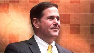 Former Governor of Arizona, Doug Ducey, against a background of orange squares over a map | Illustration: Lex Villena