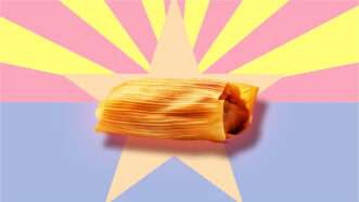 A tamale pictured in front of the Arizona state flag | Illustration: Lex Villena