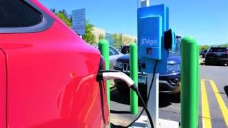 Multiple electric vehicles plugged in at an EVgo charging station. | Heather Mcardle | Dreamstime.com
