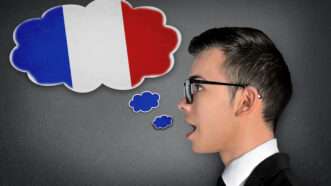 A man speaking French, with the French flag in his speech bubble | Fuzzbones | Dreamstime.com