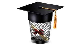 An illustration of a garbage basket holding a diploma and wearing a graduation cap | Illustration: Joanna Andreasson; Source image: blackred/iStock